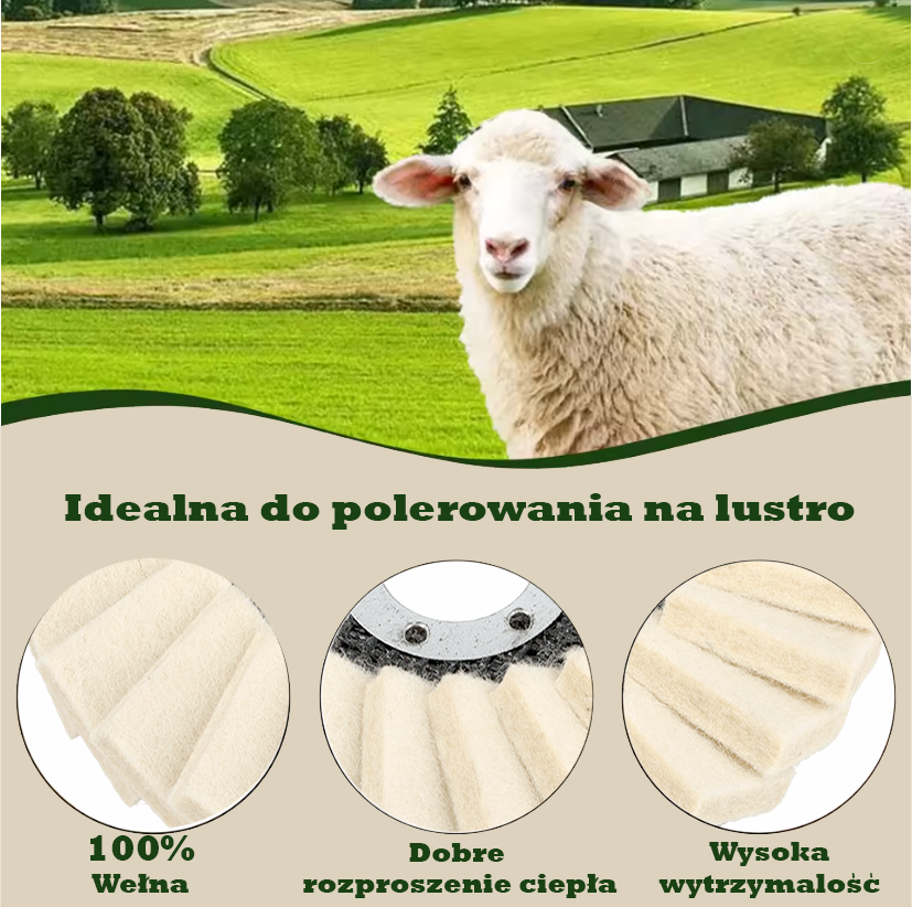 Obraz przedstawia owcę na tle zielonego krajobrazu z domem i drzewami. Na dole widnieje tekst: \'Idealna do polerowania na lustro\', a poniżej trzy okrągłe zdjęcia z podpisami: \'100% Wełna\', \'Dobre rozproszenie ciepła\', \'Wysoka wytrzymałość\'.
