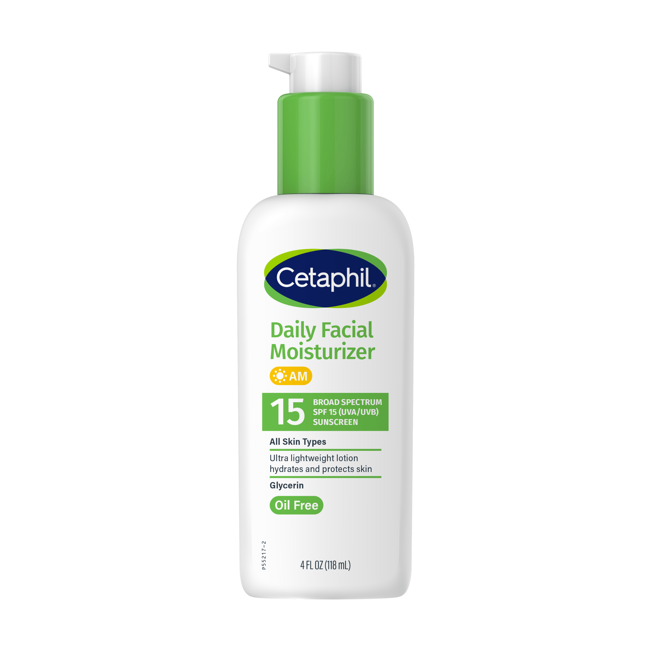 Biała butelka z zieloną pompką, na której widnieje logo \'Cetaphil\'. Tekst na butelce: \'Daily Facial Moisturizer AM 15 Broad Spectrum SPF 15 (UVA/UVB) Sunscreen All Skin Types Ultra lightweight lotion hydrates and protects skin Glycerin Oil Free 4 FL OZ (118 mL)\'.