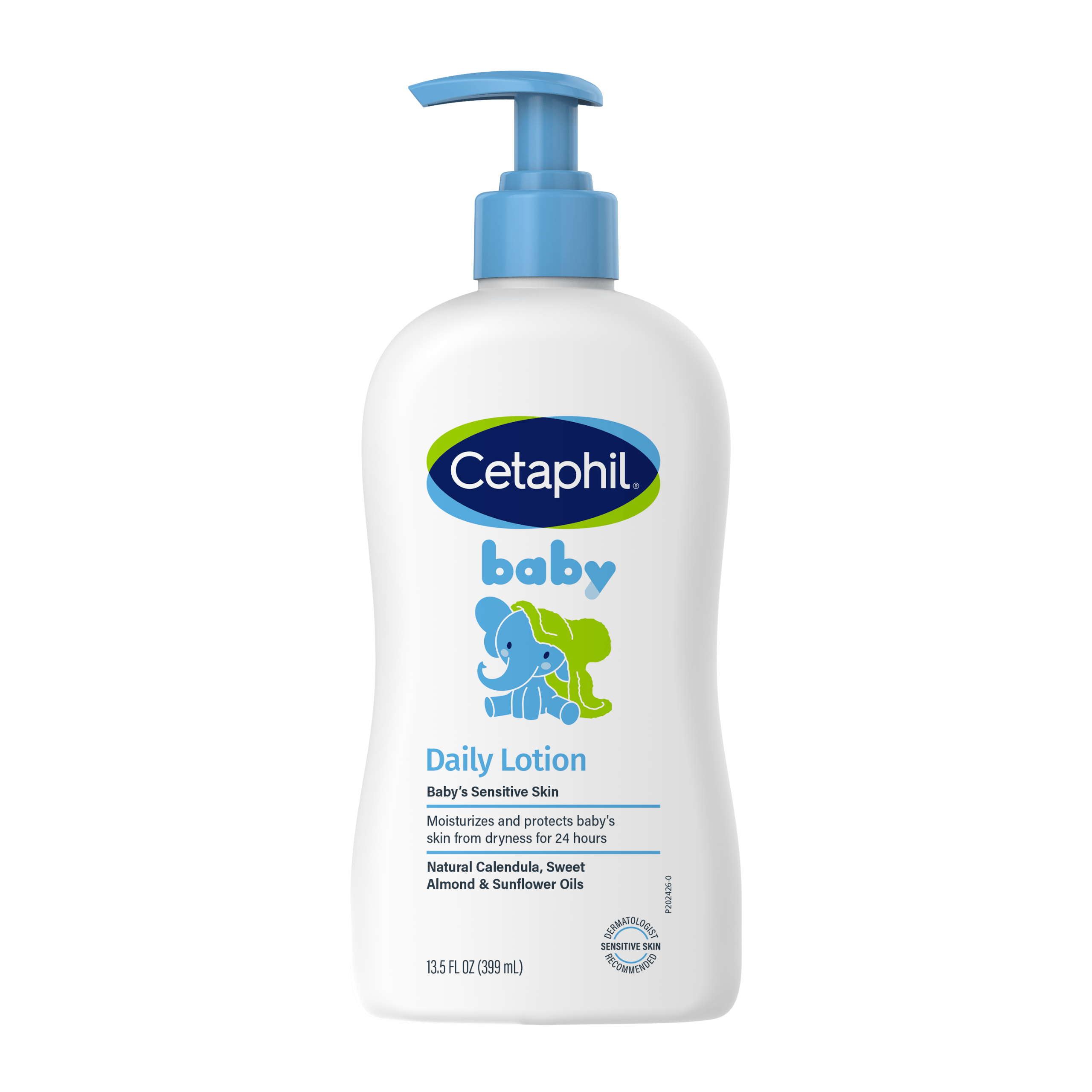 Biała butelka z niebieską pompką, na której widnieje logo \'Cetaphil\' oraz napis \'baby Daily Lotion\'. Na etykiecie znajduje się rysunek niebieskiego słonia i informacje o produkcie, w tym \'Baby\'s Sensitive Skin\' i \'13.5 FL OZ (399 mL)\'.