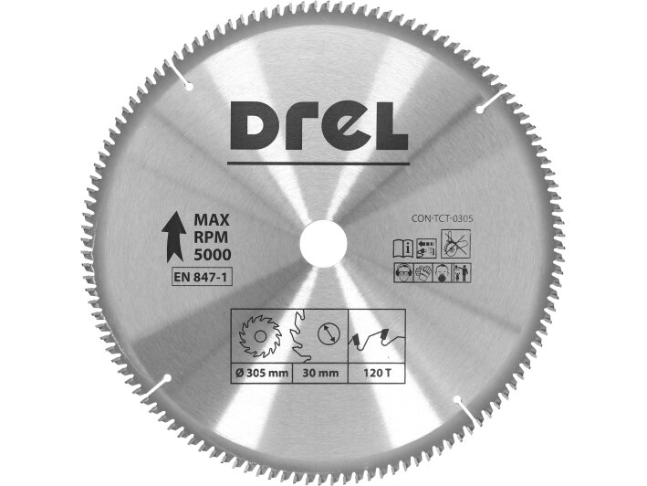 Na obrazie widoczna jest metalowa tarcza piły z logo \'DREL\' oraz oznaczeniami: \'MAX RPM 5000\', \'EN 847-1\', \'Ø 305 mm\', \'30 mm\', \'120 T\'.