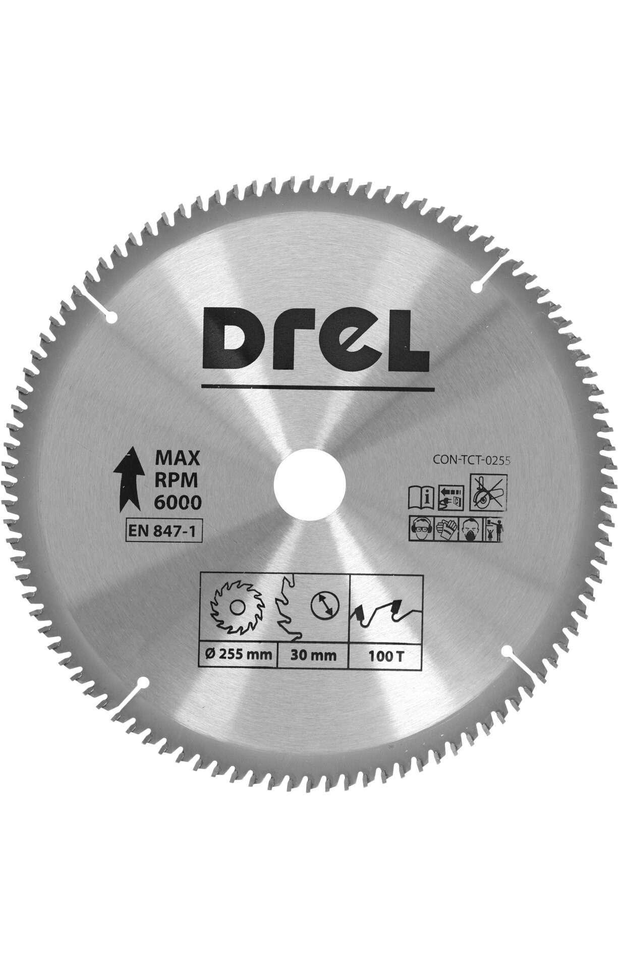 Na obrazie widoczna jest tarcza widiowa z logo \'DREL\' oraz oznaczeniami: \'MAX RPM 6000\', \'EN 847-1\', \'Ø 255 mm\', \'30 mm\', \'100 T\'.