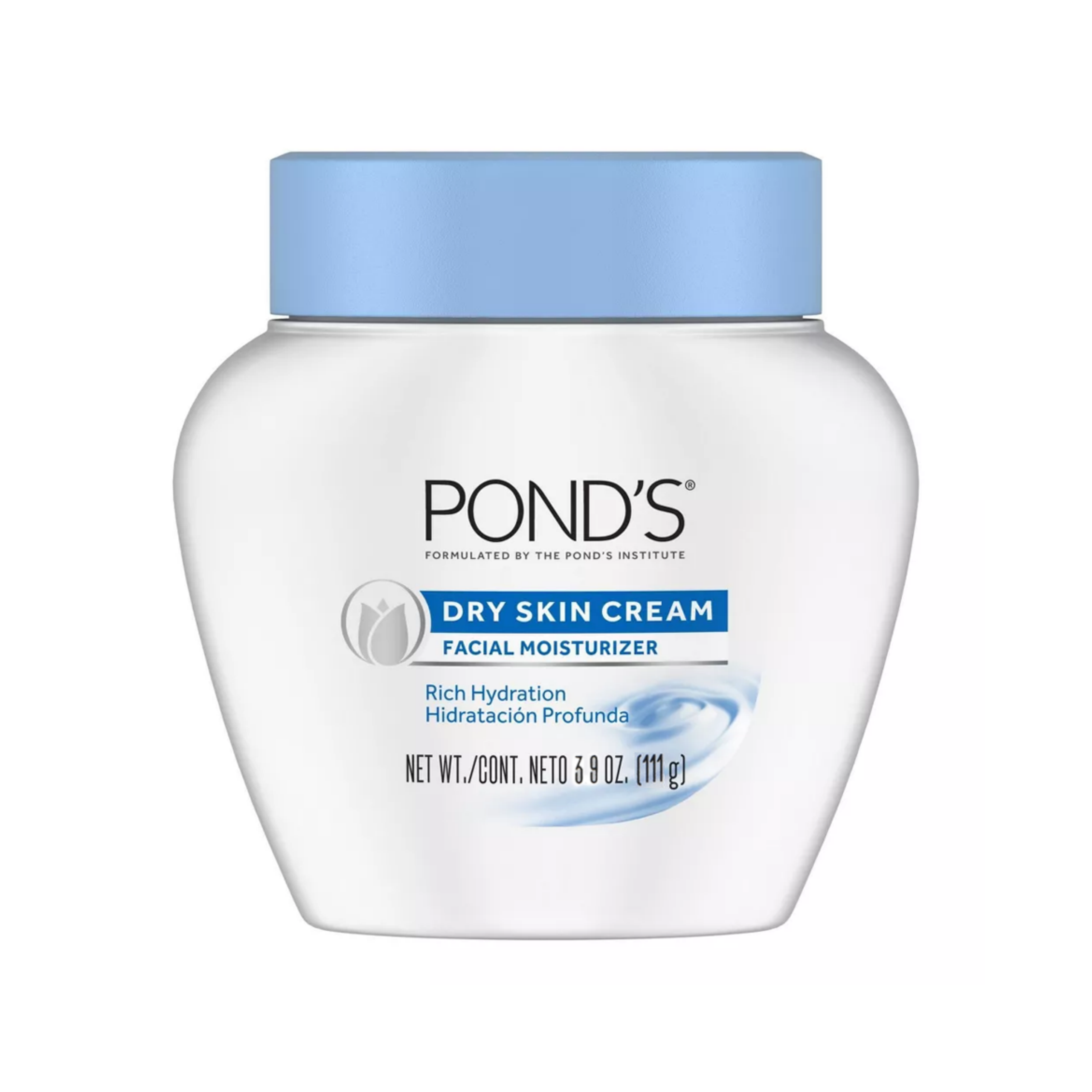 Biały słoik z niebieską nakrętką, na którym widnieje napis: \'POND\'S DRY SKIN CREAM FACIAL MOISTURIZER Rich Hydration Hidratación Profunda NET WT./CONT. NETO 3 9 OZ. (111 g)\'.