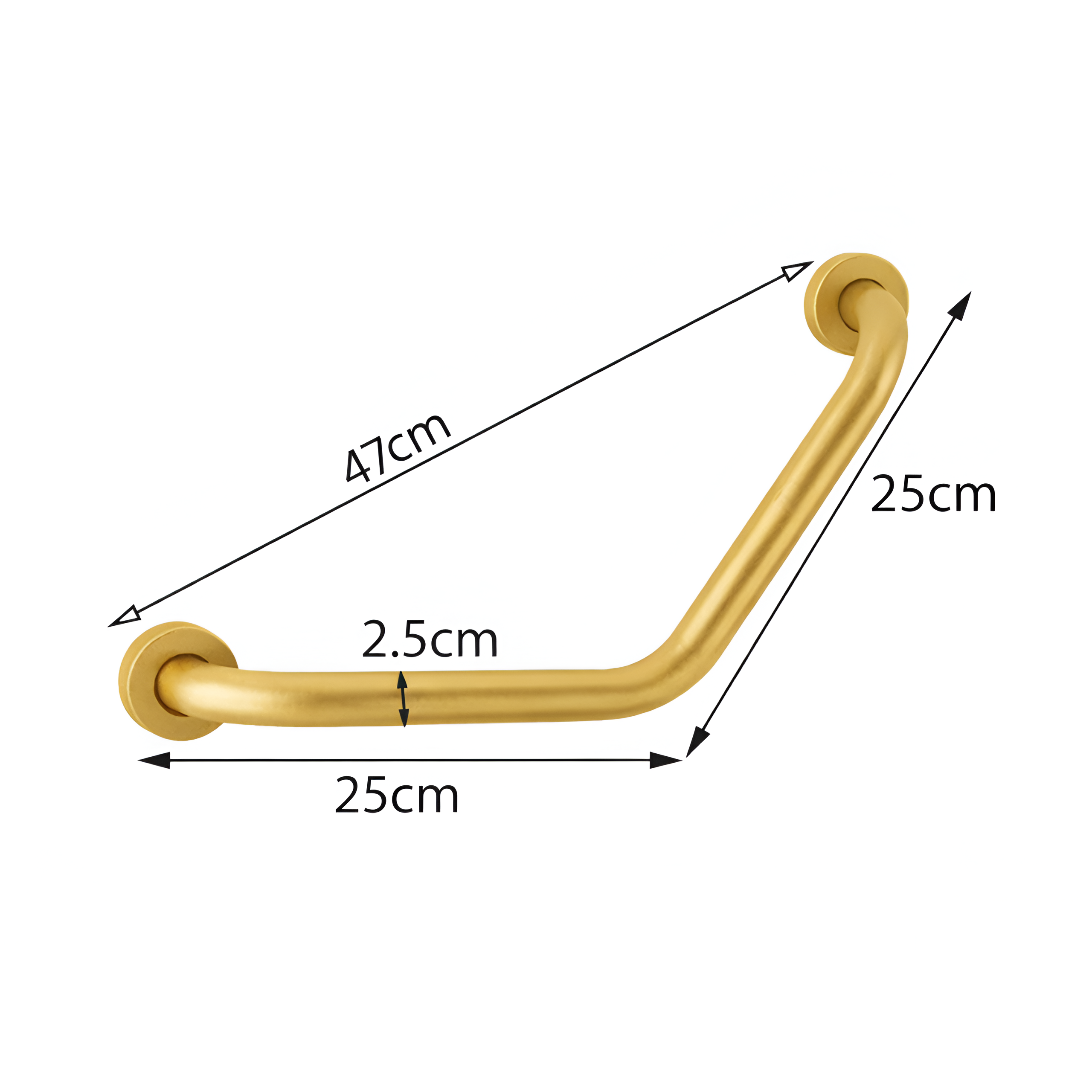 Złoty, szczotkowany uchwyt łazienkowy o wymiarach 47 cm długości, 25 cm wysokości i 2,5 cm średnicy. Uchwyt jest skrzywiony i posiada oznaczenia wymiarów na obrazie.