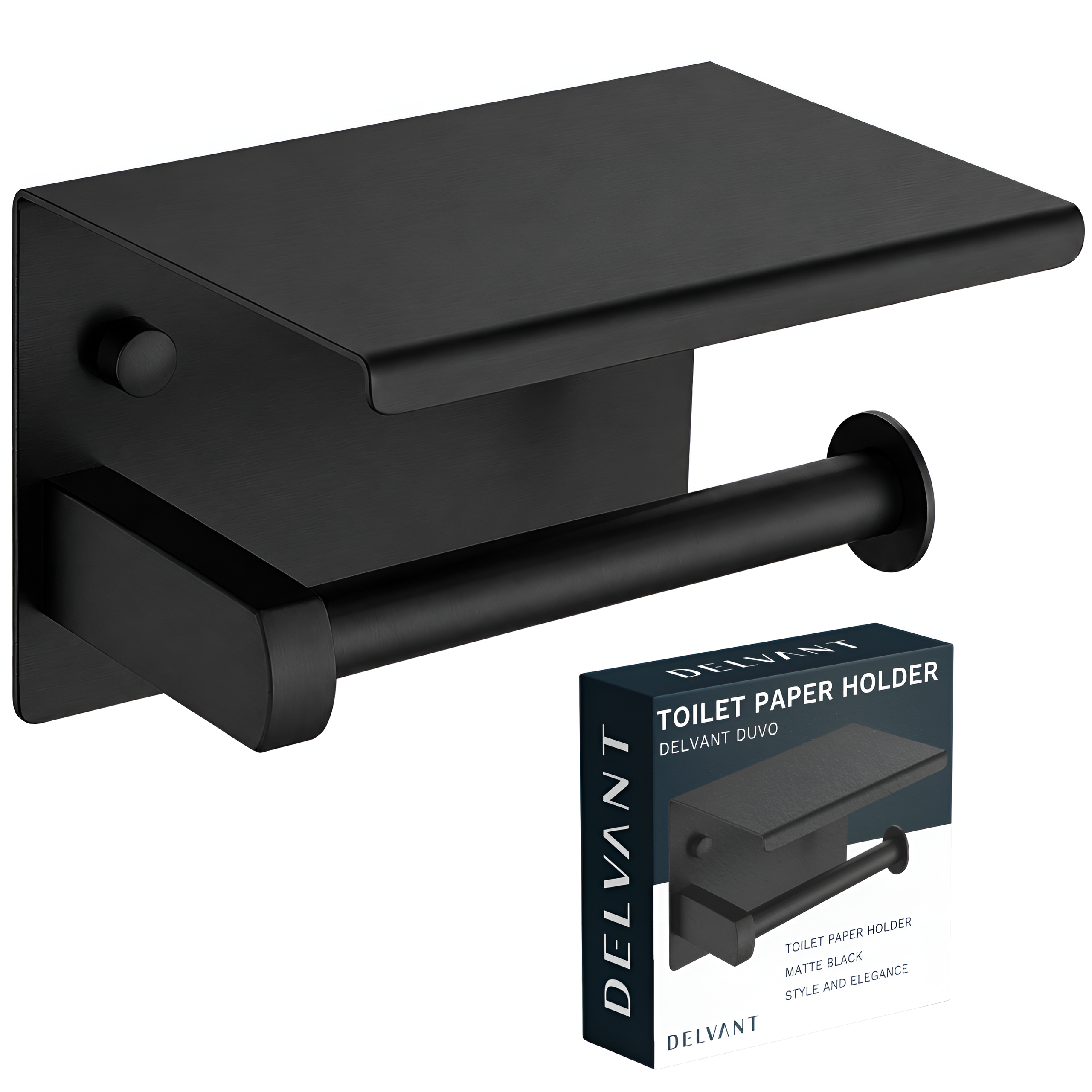 Czarny matowy uchwyt na papier toaletowy z półką, wykonany z metalu. Obok znajduje się pudełko z napisem \'DELVANT TOILET PAPER HOLDER DELVANT DUVO MATTE BLACK STYLE AND ELEGANCE\'.