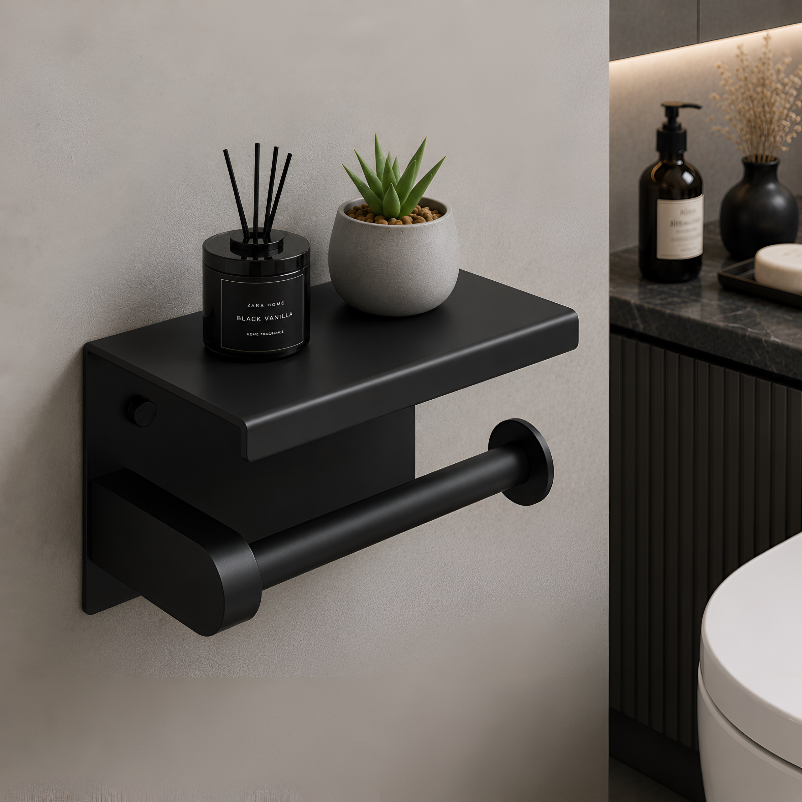 Czarny matowy uchwyt na papier toaletowy z półką, na której stoi czarna świeca zapachowa z napisem \'ZARA HOME BLACK VANILLA\' oraz mała doniczka z sukulentem.