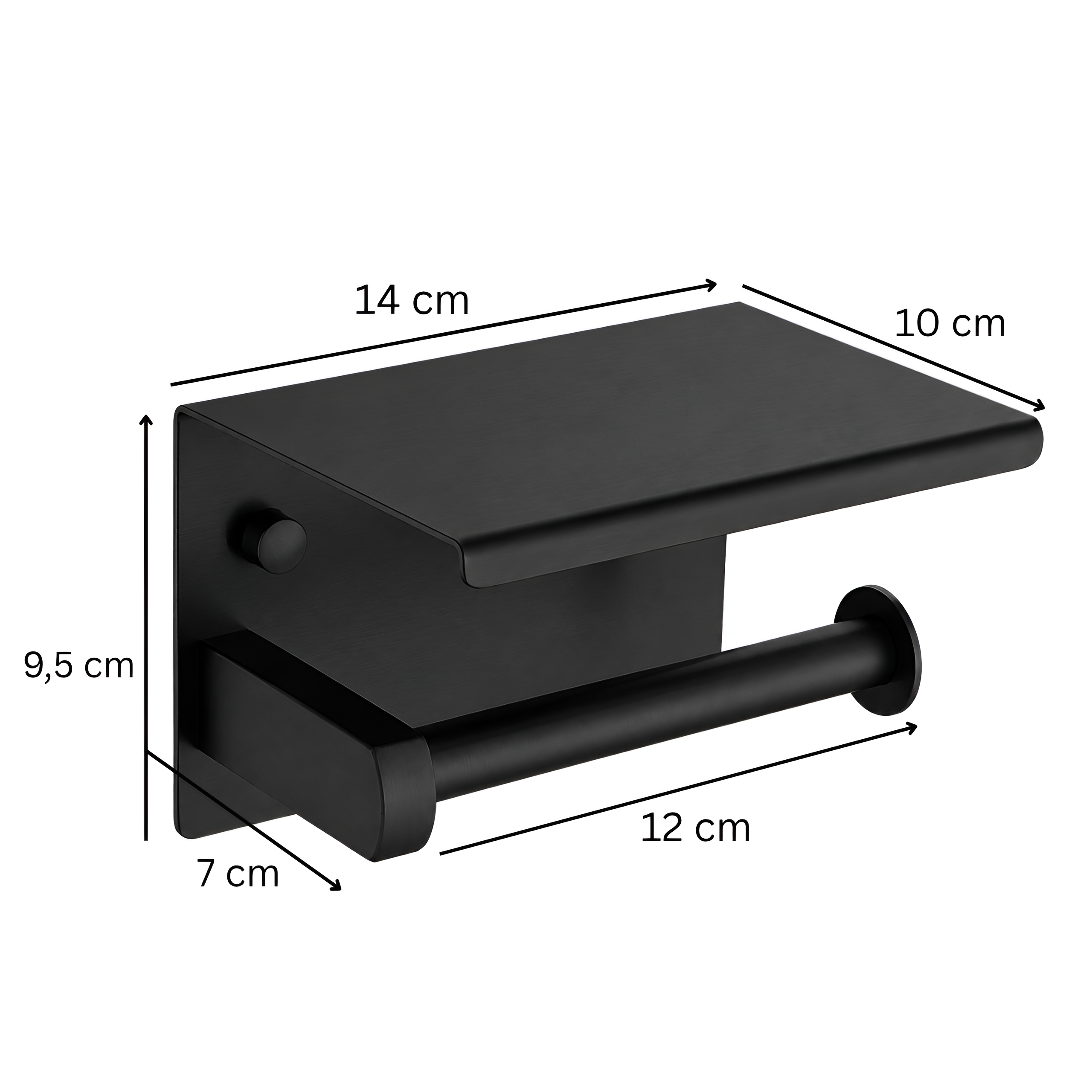 Czarny matowy uchwyt na papier toaletowy z półką, wykonany z metalu, z widocznymi wymiarami: 14 cm, 10 cm, 9,5 cm, 7 cm, 12 cm.
