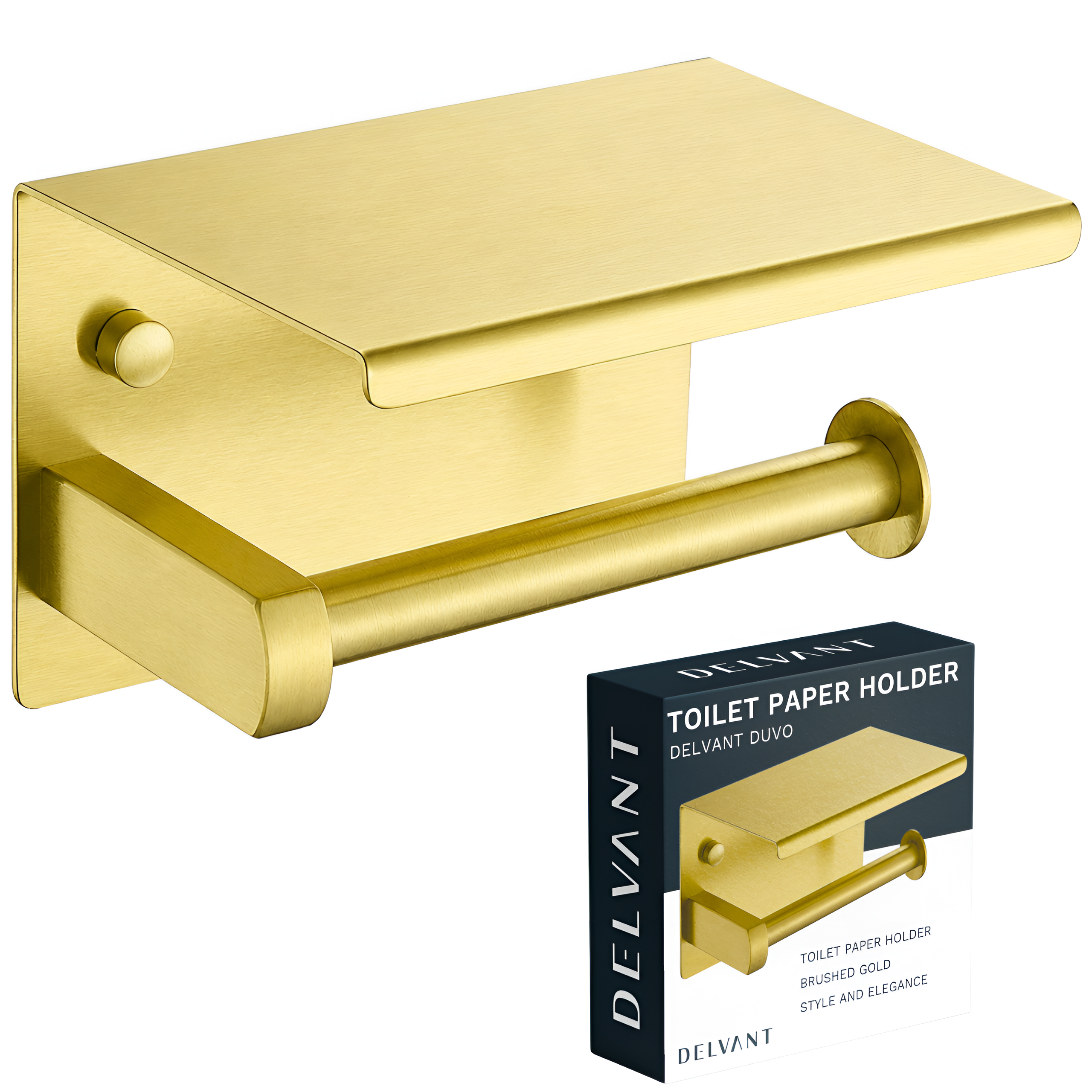 Metalowy uchwyt na papier toaletowy w kolorze złotym szczotkowanym z półką. Obok znajduje się pudełko z napisem: \'DELVANT TOILET PAPER HOLDER DELVANT DUVO BRUSHED GOLD STYLE AND ELEGANCE\'.