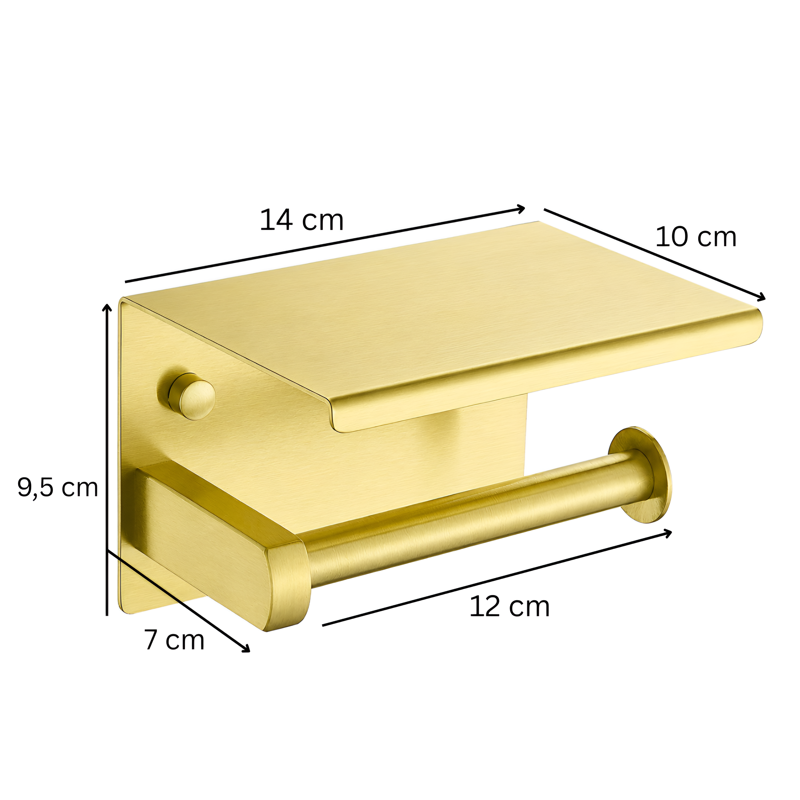 Metalowy uchwyt na papier toaletowy z półką w kolorze złotym szczotkowanym, z wymiarami: 14 cm szerokości, 10 cm głębokości, 9,5 cm wysokości i 12 cm długości uchwytu.