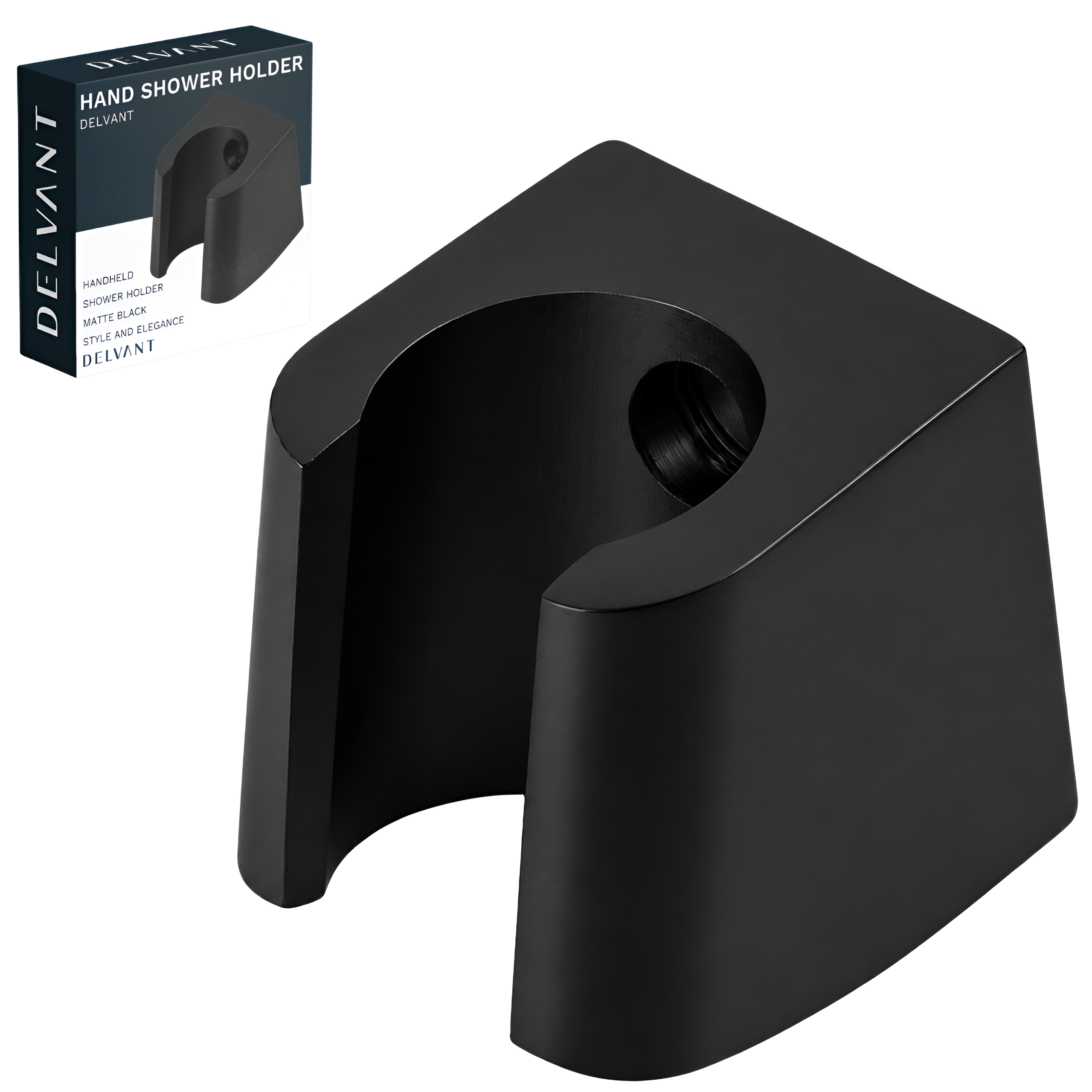 Czarny matowy uchwyt do słuchawki prysznicowej o prostym, nowoczesnym designie. Na opakowaniu widnieje napis: \'DEL VANT HAND SHOWER HOLDER HANDHELD SHOWER HOLDER MATTE BLACK STYLE AND ELEGANCE DELVANT\'.