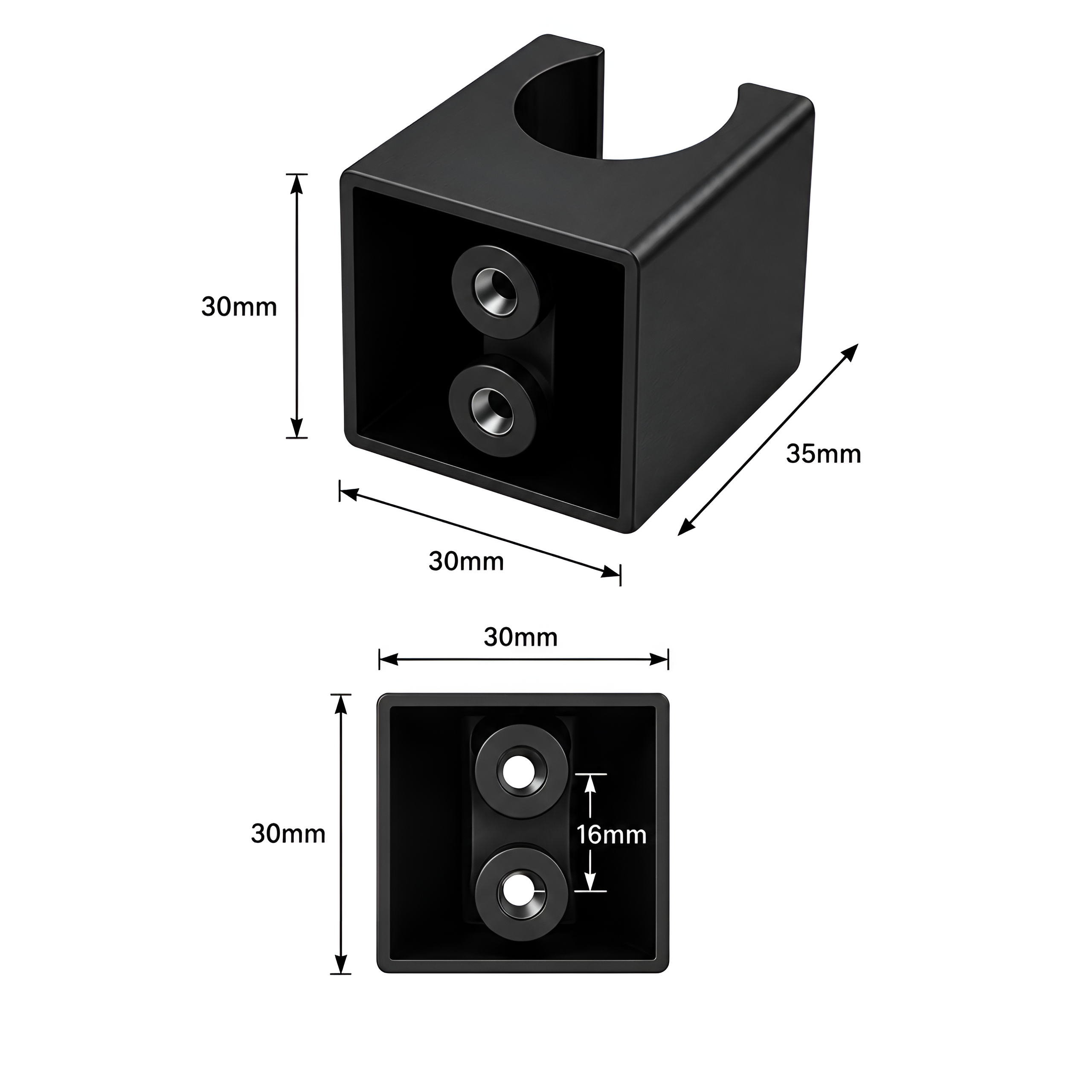 Obraz przedstawia czarny matowy uchwyt do słuchawki prysznicowej o wymiarach 30mm x 30mm x 35mm. Widoczne są również wymiary otworów: 16mm oraz dwa otwory montażowe.