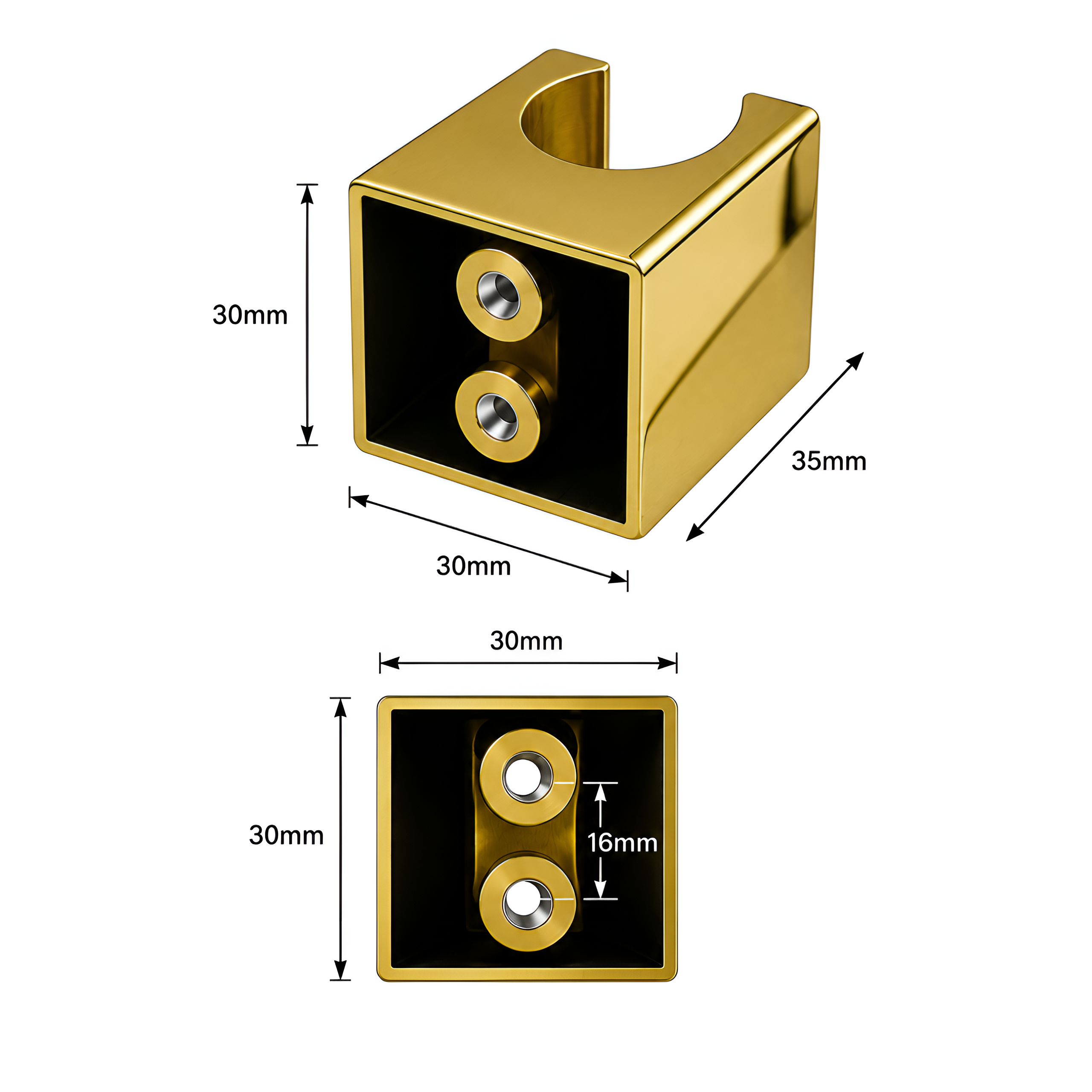 Złoty uchwyt do słuchawki prysznicowej o wymiarach 30mm x 30mm x 35mm z otworem na słuchawkę. Widoczne są wymiary: 30mm, 35mm, 16mm.