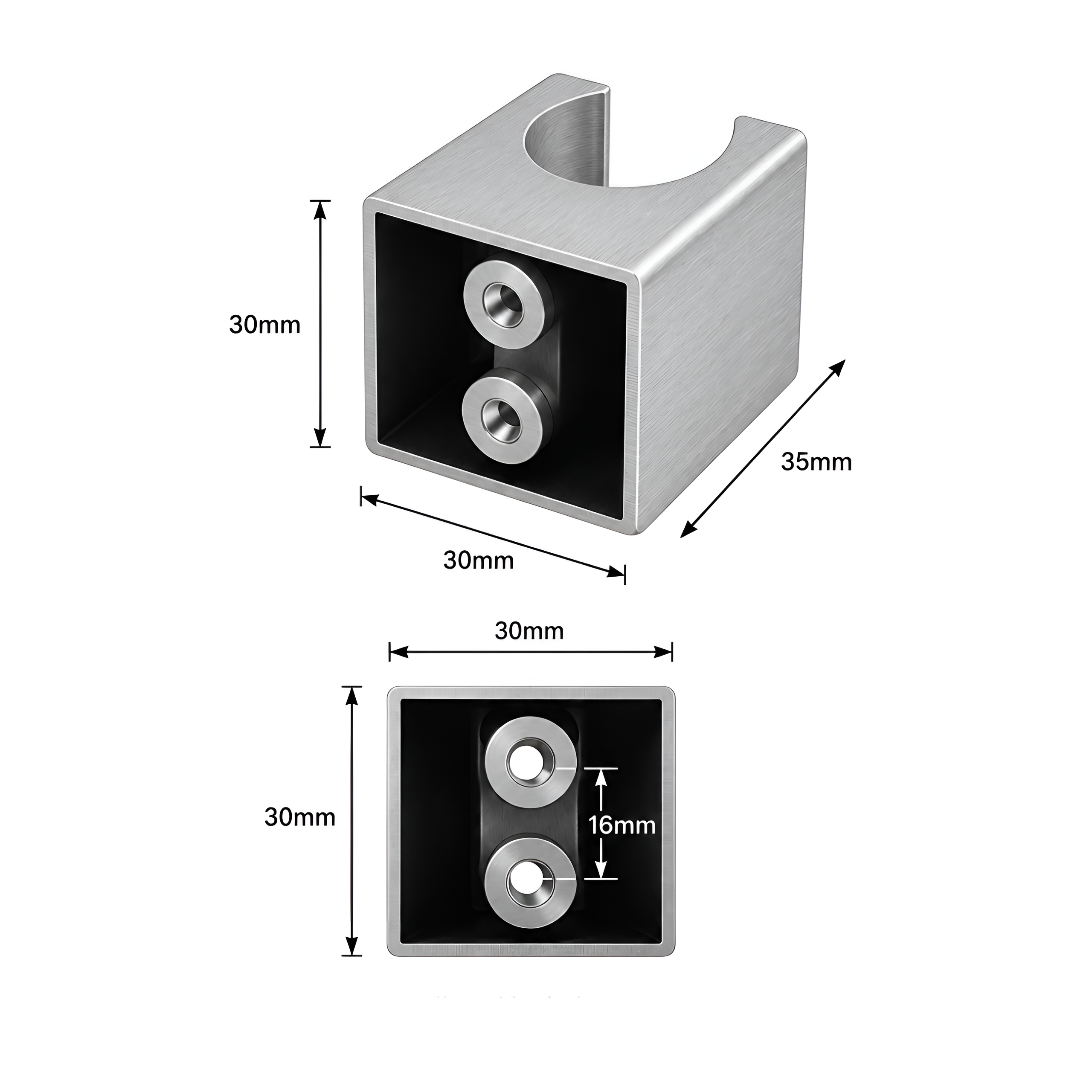 Obraz przedstawia uchwyt do słuchawki prysznicowej w kolorze srebrnym szczotkowanym. Wymiary to 30mm x 30mm x 35mm, z wewnętrznym otworem o średnicy 16mm.