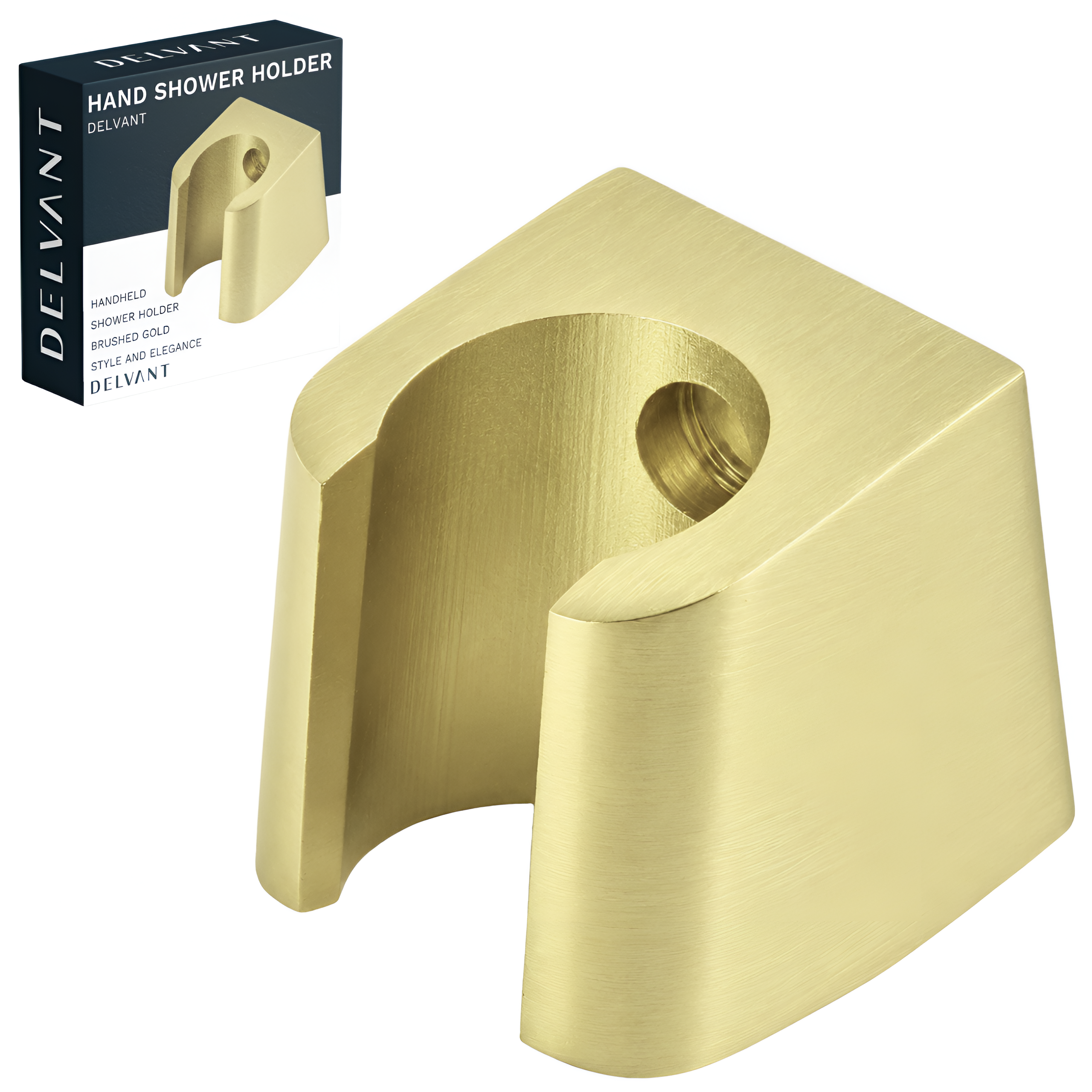 Złoty szczotkowany uchwyt do słuchawki prysznicowej o prostokątnym kształcie z okrągłym otworem. Opakowanie z napisem: \'DEL VANT HAND SHOWER HOLDER HANDHELD SHOWER HOLDER BRUSHED GOLD STYLE AND ELEGANCE\'.