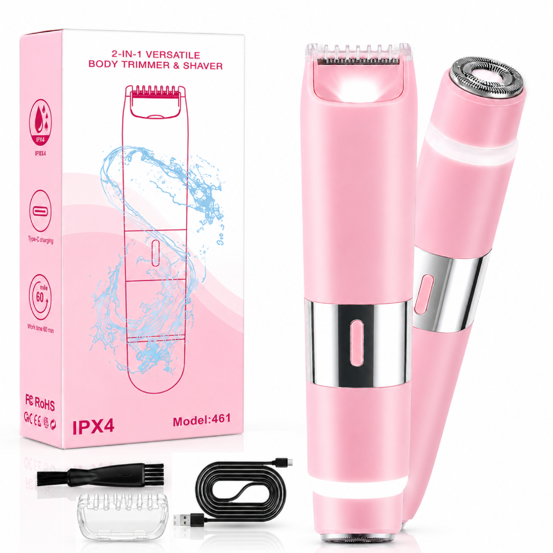 Różowa golarka damska 2w1 z trymerem do bikini, twarzy, nóg i pach, z metalicznymi elementami. Obok znajduje się opakowanie z napisem \'2-IN-1 VERSATILE BODY TRIMMER & SHAVER\', a także akcesoria: szczoteczka, nasadka, kabel USB-C.
