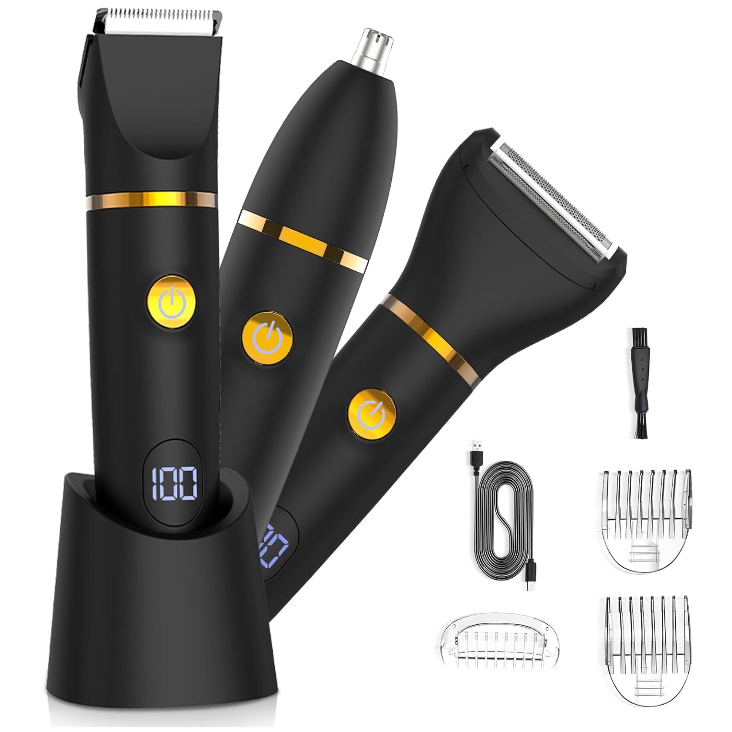 Na obrazie widoczne są trzy czarne urządzenia do golenia z żółtymi przyciskami, wyświetlaczem z liczbą \'100\' oraz akcesoria takie jak kabel USB, szczoteczka i nasadki grzebieniowe.