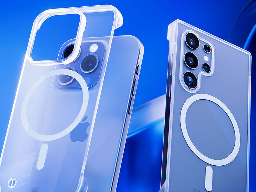 Dwa przezroczyste etui na telefony z widocznymi okrągłymi wzorami na tylnej części. W tle widać niebieskie tło oraz fragmenty telefonów z aparatami fotograficznymi.