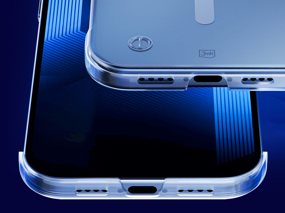 Obraz przedstawia przezroczyste etui na telefon z widocznymi otworami na porty i logo \'3mk\'. Etui jest umieszczone na ciemnym tle z niebieskimi elementami graficznymi.
