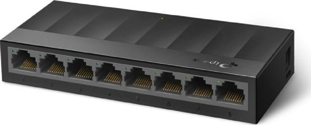 Czarny switch sieciowy z ośmioma portami Ethernet, oznaczonymi numerami od 1 do 8. Na obudowie widoczne jest logo \'tp-link\'.
