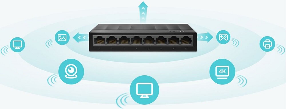 Na obrazie widoczny jest czarny switch z ośmioma portami Ethernet. Wokół niego znajdują się ikony symbolizujące różne urządzenia, takie jak komputer, kamera, drukarka, gry i 4K.
