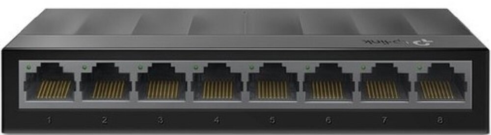 Na obrazie widoczny jest czarny switch sieciowy z ośmioma portami Ethernet, ponumerowanymi od 1 do 8. Na obudowie znajduje się logo TP-Link.