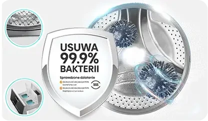 Obraz przedstawia wnętrze bębna pralko-suszarki z widocznymi elementami czyszczącymi oraz tarczą z napisem \'USUWA 99.9% BAKTERII\'. Obok znajduje się mały okrągły obrazek z elementem urządzenia oraz tekstem \'Sprawdzone działanie\'.