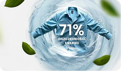 Obraz przedstawia niebieską koszulę wirującą w wodzie, otoczoną zielonymi liśćmi. Na koszuli widnieje napis \'71% OSZCZĘDNOŚCI ENERGII\'.