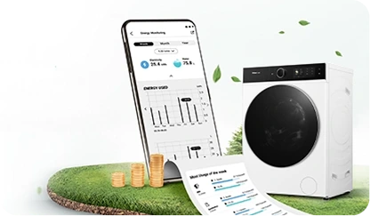 Obraz przedstawia pralko-suszarkę z dużym, czarnym bębnem oraz smartfon z aplikacją pokazującą statystyki zużycia energii. W tle widoczne są monety i zielona trawa, co może sugerować oszczędność energii.
