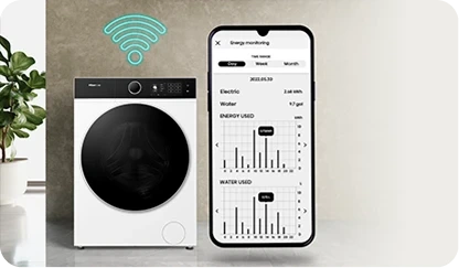 Obraz przedstawia pralko-suszarkę z dużym, czarnym bębnem oraz smartfon z aplikacją pokazującą zużycie energii i wody w formie wykresów. Nad pralko-suszarką widoczny jest symbol sygnału Wi-Fi.
