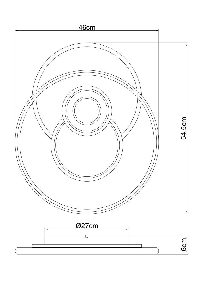 Schematyczny rysunek plafonu LED z trzema okręgami, z wymiarami: 46 cm szerokości, 54,5 cm wysokości, średnica 27 cm i wysokość 6 cm.