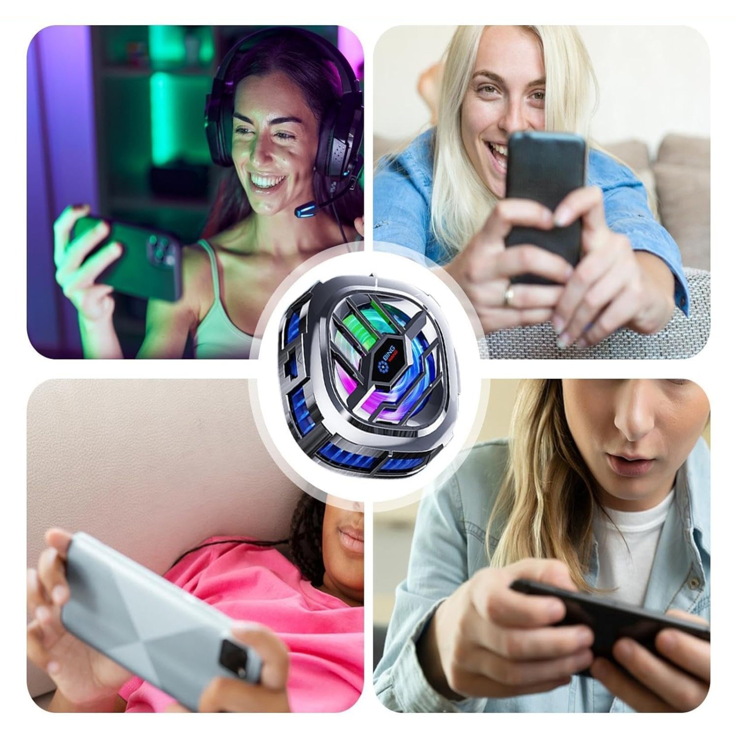 Obraz przedstawia cztery osoby korzystające z telefonów komórkowych oraz centralnie umieszczony wentylator chłodzący z kolorowym podświetleniem RGB. Wentylator ma nowoczesny design z widocznymi elementami w kolorach zielonym, niebieskim i fioletowym.