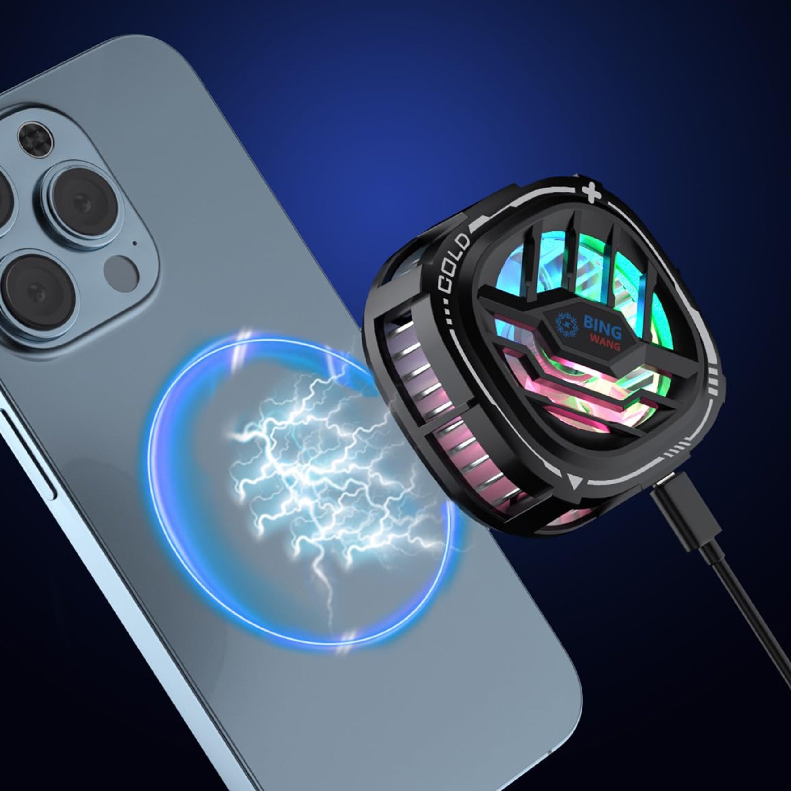 Obraz przedstawia telefon z efektem świetlnym w kształcie błyskawicy oraz wentylator chłodzący z kolorowym podświetleniem RGB. Na wentylatorze widoczne są napisy \'COLD\' i \'BING WANG\'.