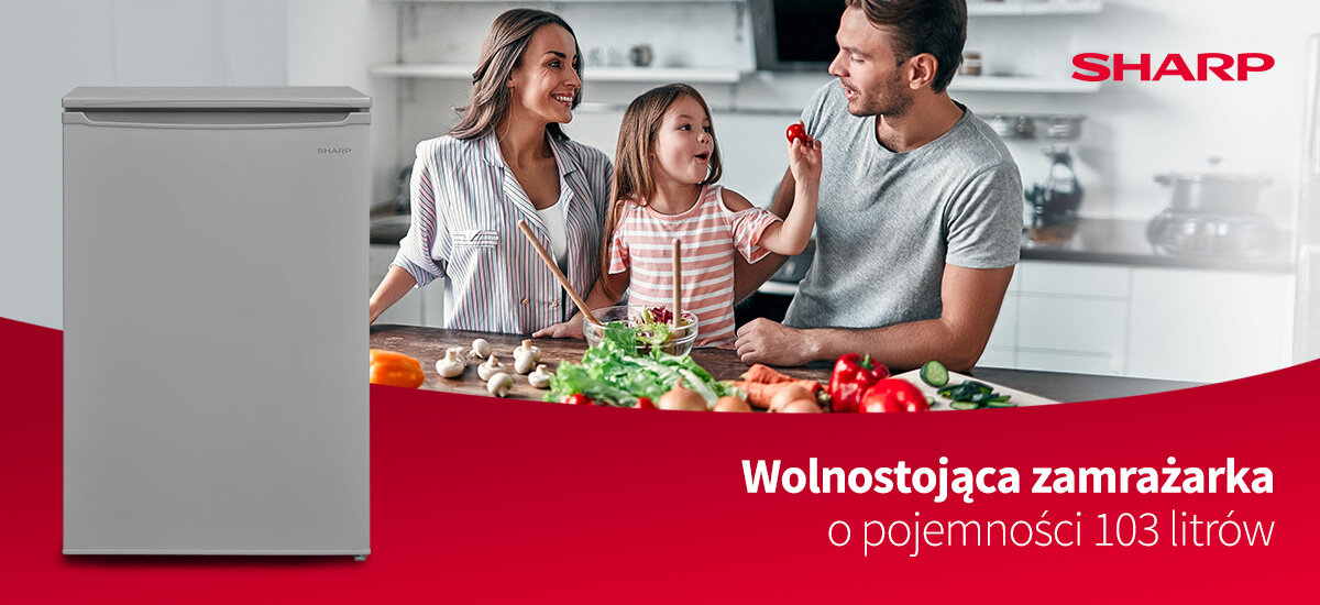 Obraz przedstawia zamrażarkę z logo SHARP po prawej stronie. Na dole widnieje napis: \'Wolnostojąca zamrażarka o pojemności 103 litrów\'.