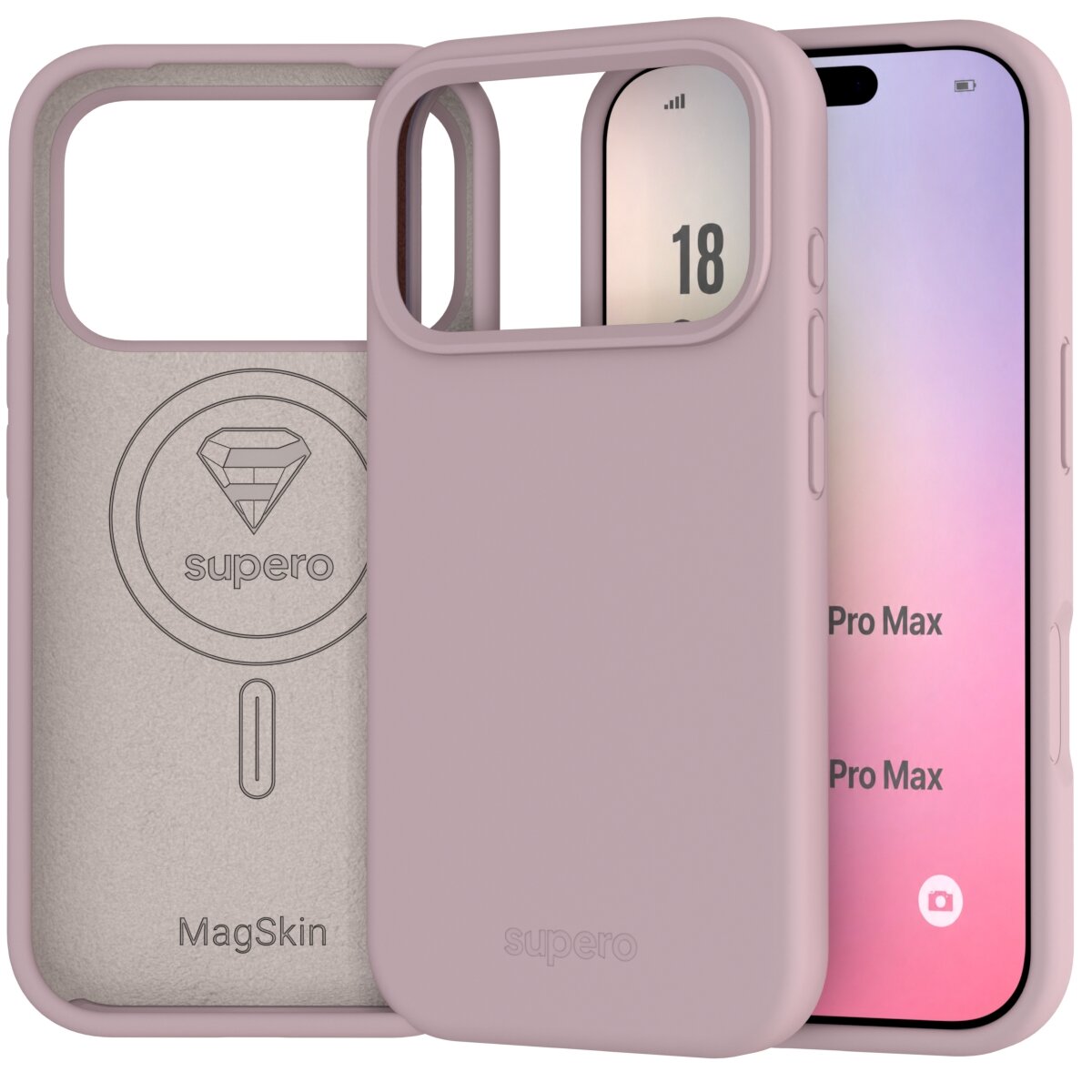 Na obrazie widoczne jest różowe etui silikonowe do telefonu z wycięciem na aparat oraz logo \'supero\' i napis \'MagSkin\' wewnątrz. Obok etui znajduje się telefon z widocznym ekranem, na którym widać tekst \'18 Pro Max\'.