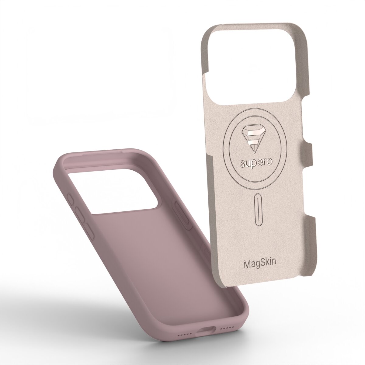 Na obrazie widoczne są dwa elementy: różowe silikonowe etui oraz szara wkładka z napisem \'supero\' i \'MagSkin\'. Etui ma wycięcia na przyciski i porty, a wkładka posiada okrągły wzór z symbolem diamentu.