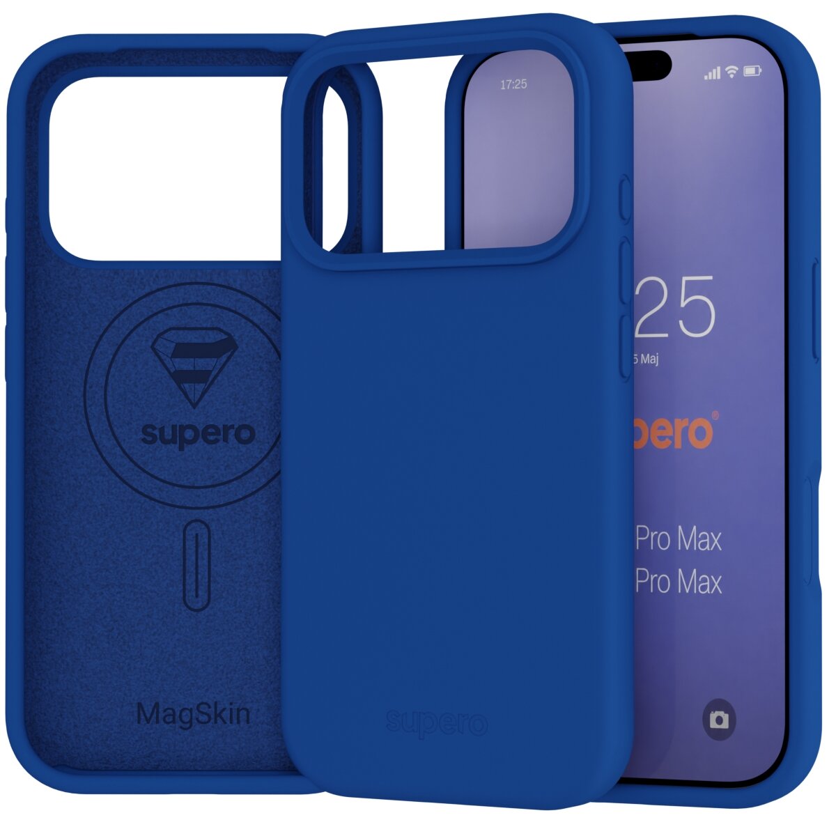 Na obrazie widoczne jest niebieskie etui silikonowe z wycięciem na aparat oraz ekran telefonu z widocznym napisem \'supero\'. Wewnątrz etui znajduje się logo \'supero\' oraz napis \'MagSkin\'.