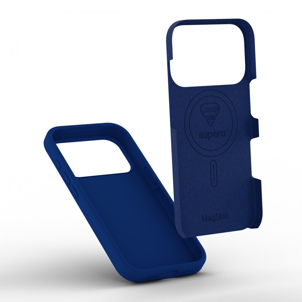 Na obrazie widoczne są dwa niebieskie etui silikonowe do telefonu, jedno z nich ma napis \'supero\' oraz \'MagSkin\'.
