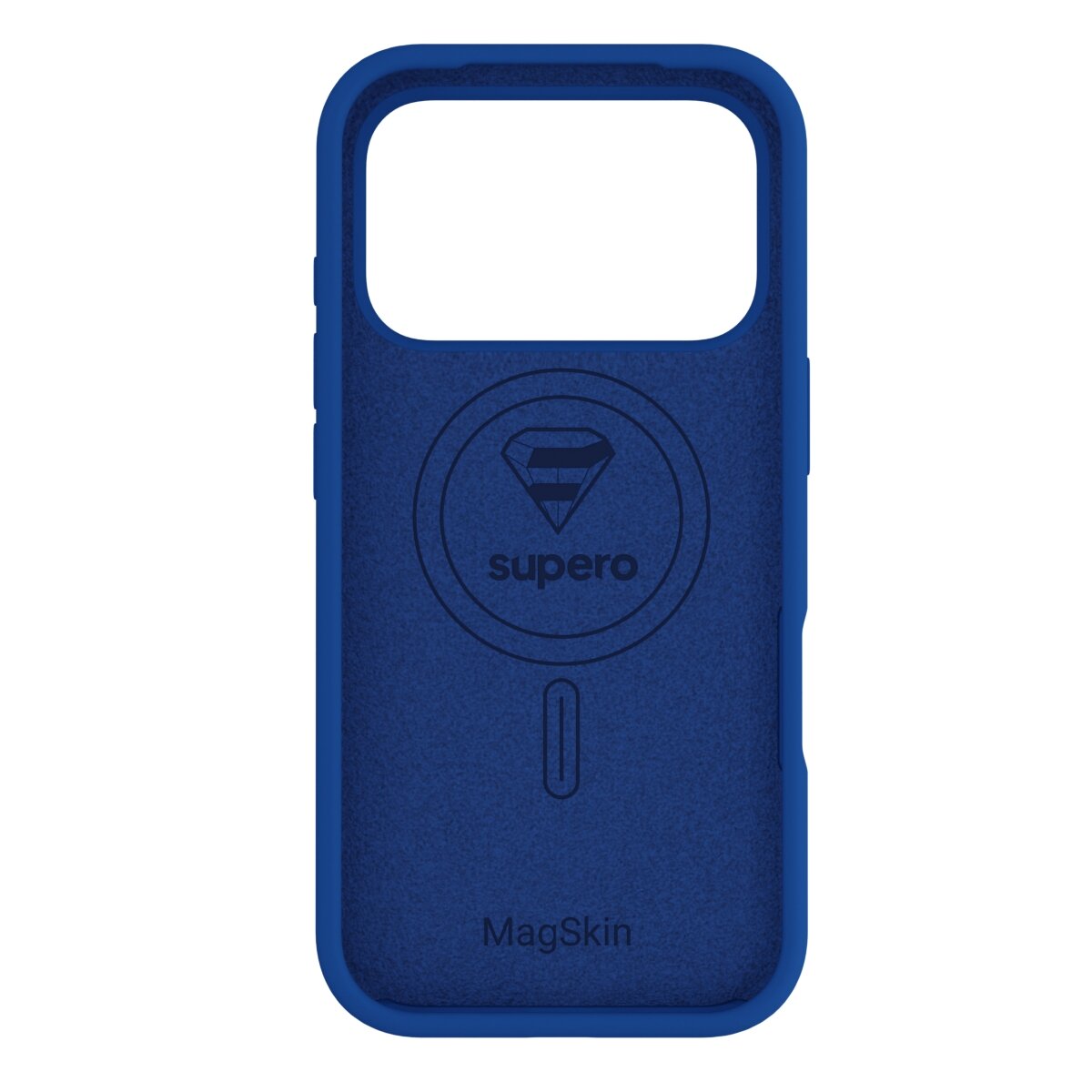 Niebieskie etui silikonowe z dużym otworem na aparat, posiada logo \'supero\' oraz napis \'MagSkin\'.