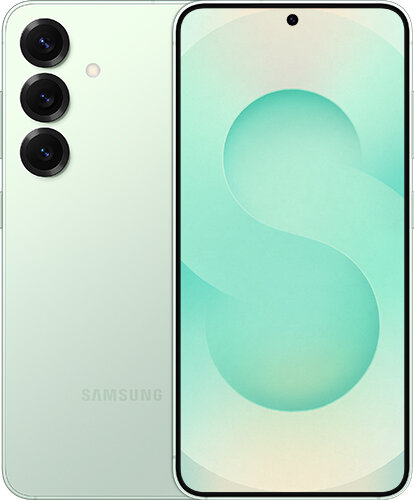 Smartfon z trzema aparatami z tyłu i ekranem z wyświetlonym gradientowym wzorem w odcieniach zieleni. Na dole widoczne jest logo \'SAMSUNG\'.
