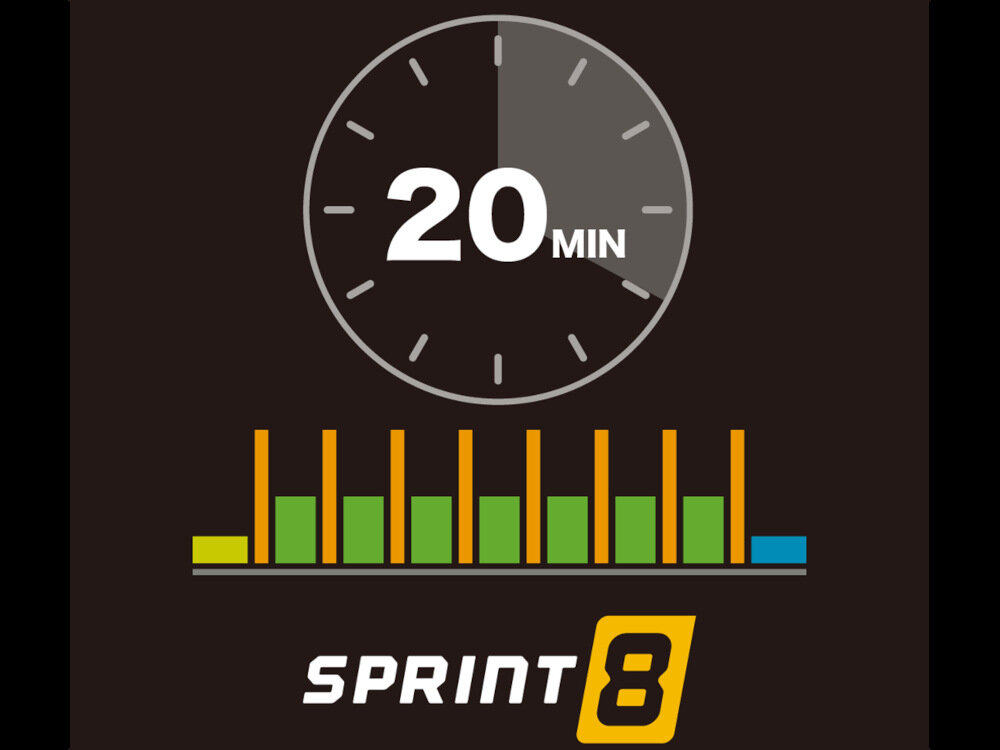 Grafika przedstawia zegar z napisem \'20 MIN\' oraz wykres słupkowy z kolorowymi słupkami. Na dole widnieje napis \'SPRINT 8\'.