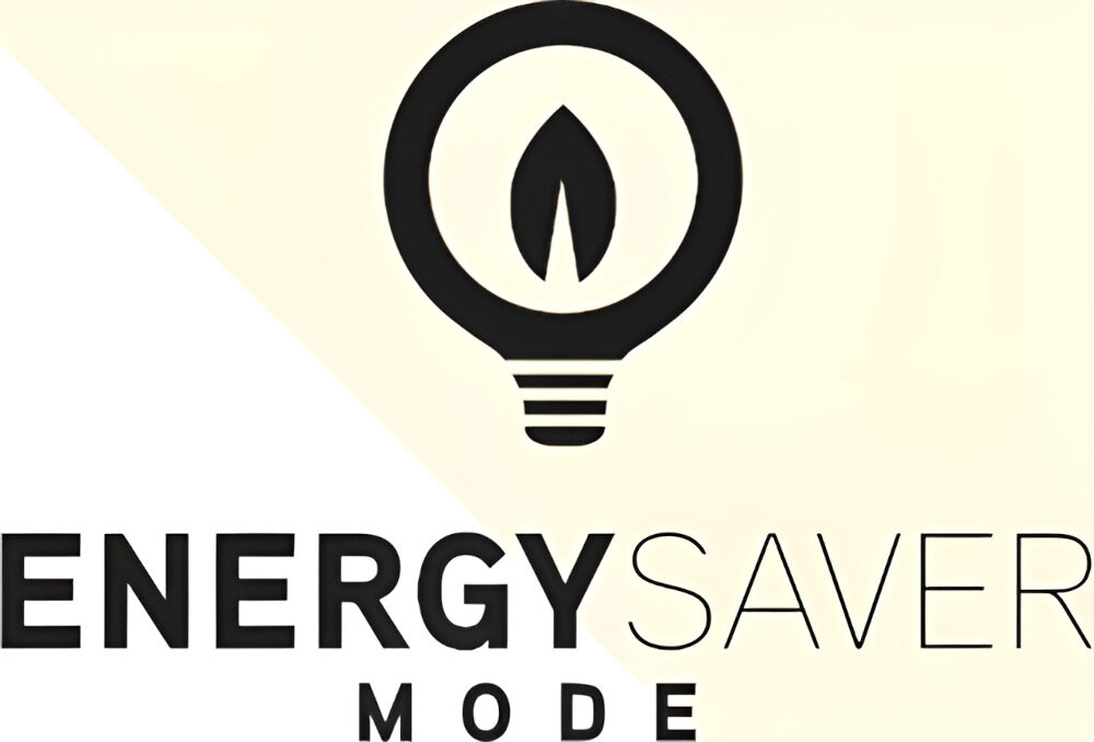Grafika przedstawia symbol żarówki z płomieniem w środku oraz tekst \'ENERGY SAVER MODE\'.