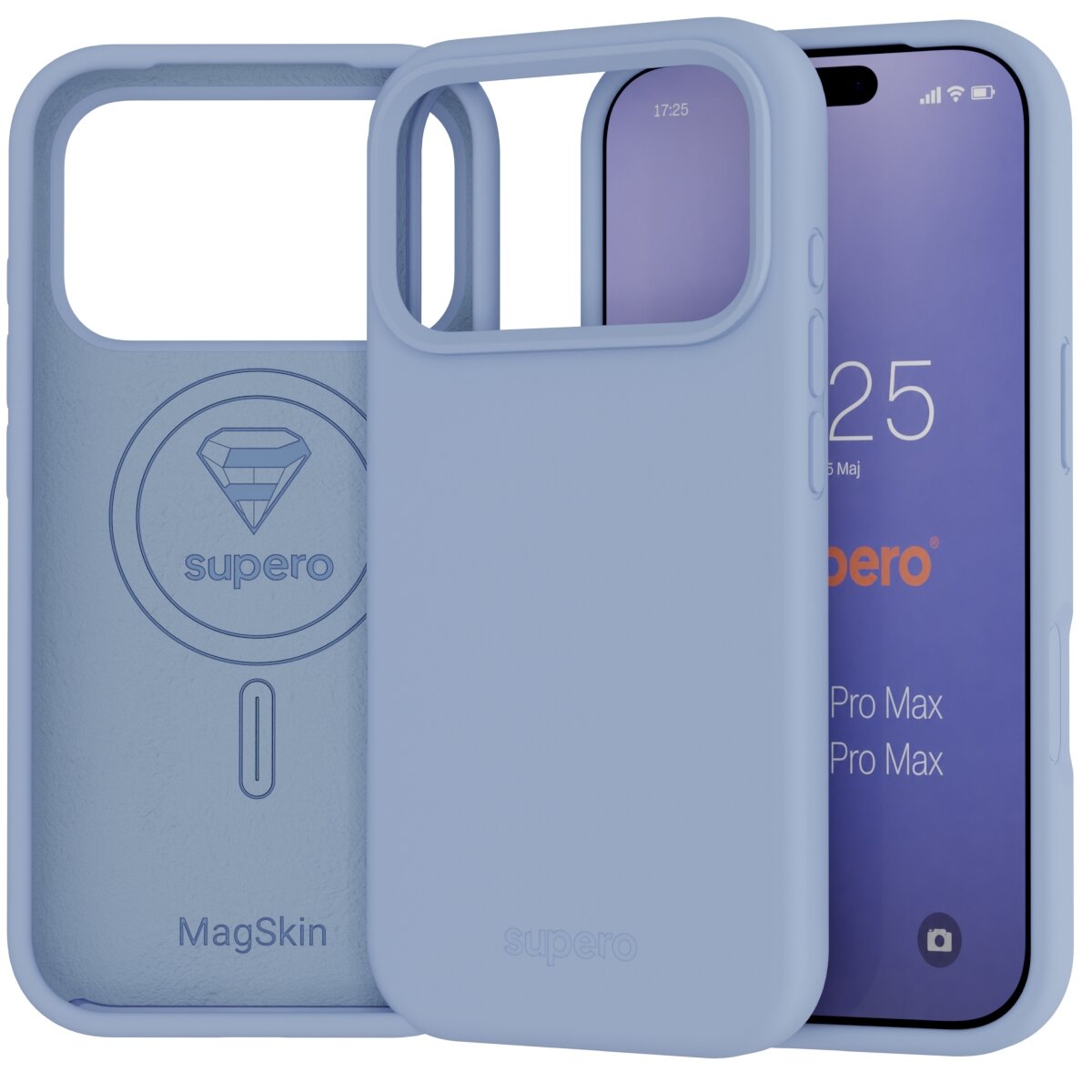 Na obrazie widoczne jest silikonowe etui w kolorze niebieskim, przeznaczone do iPhone 18 Pro Max / 17 Pro Max, z napisem \'supero\' i symbolem diamentu. Etui posiada wycięcia na aparat i przyciski oraz jest kompatybilne z MagSafe.
