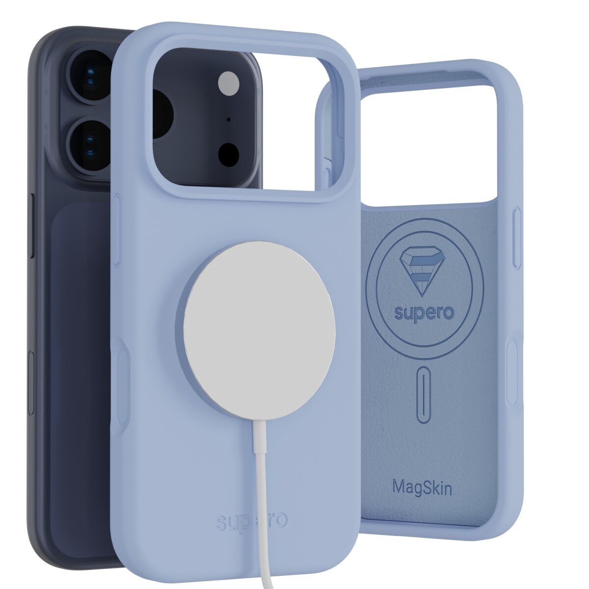 Na obrazie widoczne są dwa silikonowe etui w kolorze niebieskim, jedno z nich ma zamontowaną ładowarkę MagSafe. Na wewnętrznej stronie etui widnieje logo \'supero\' oraz napis \'MagSkin\'.