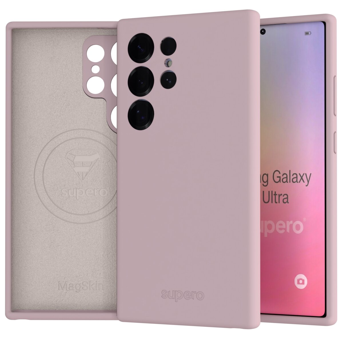 Różowe etui do telefonu z wycięciami na aparat i logo \'supero\' na dole. W tle widoczny ekran telefonu z tekstem \'Samsung Galaxy Ultra\'.