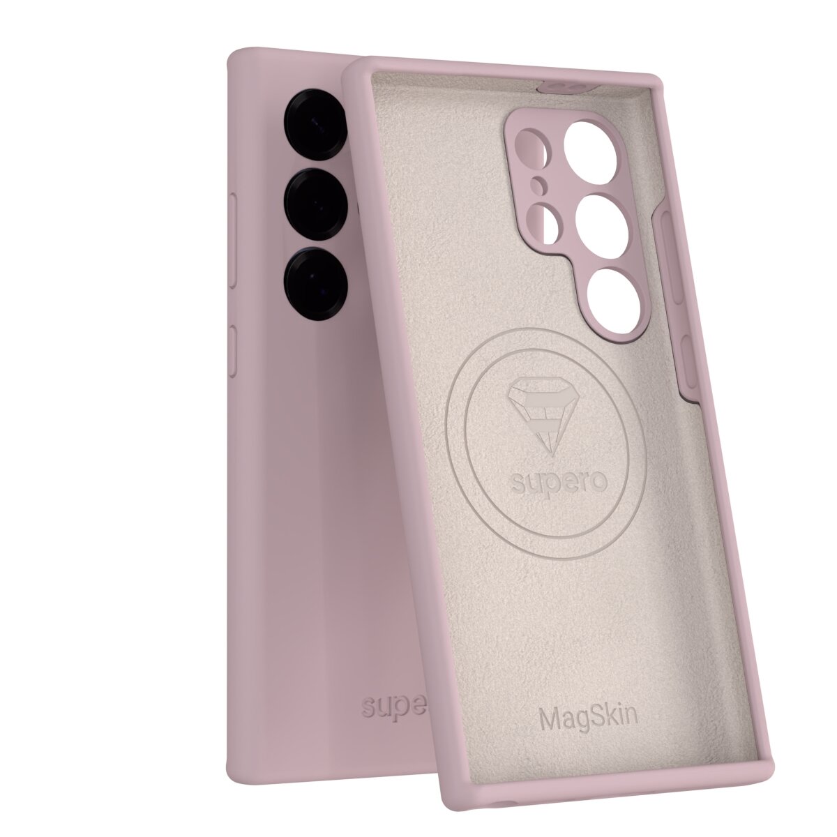 Różowe etui do telefonu z wycięciami na aparat i przyciski, z przezroczystym tyłem z logo \'supero\' i napisem \'MagSkin\'.