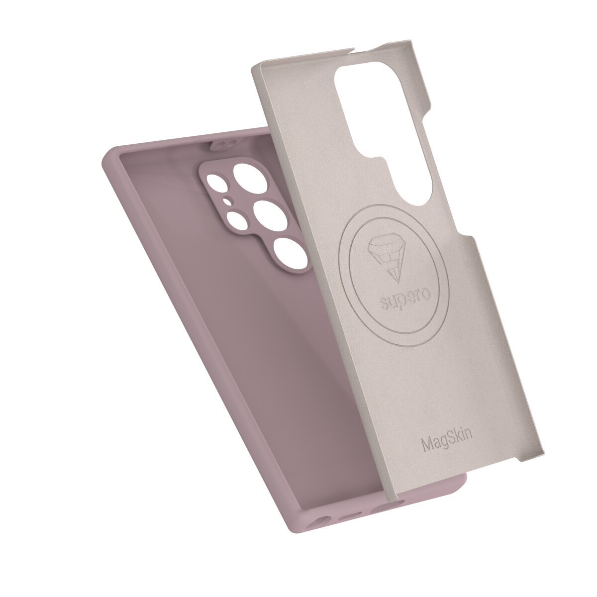 Etui do telefonu w kolorze różowym z wycięciami na aparat i przyciski, z dodatkową magnetyczną nakładką. Na nakładce widoczne jest logo z napisem \'supro\' oraz \'MagSkin\'.
