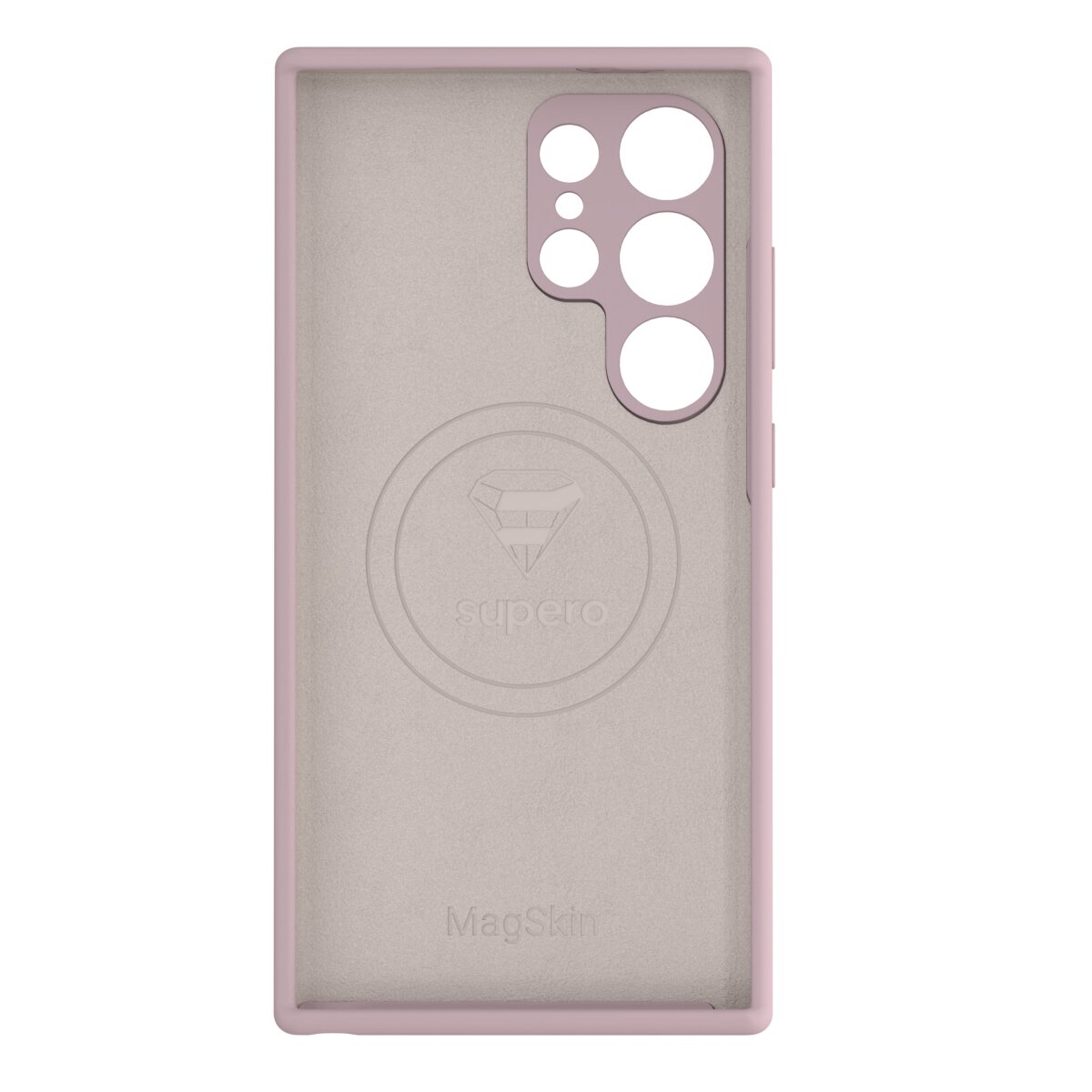 Etui w kolorze różowym z wycięciami na aparat, z logo \'supero\' i napisem \'MagSkin\' wewnątrz.