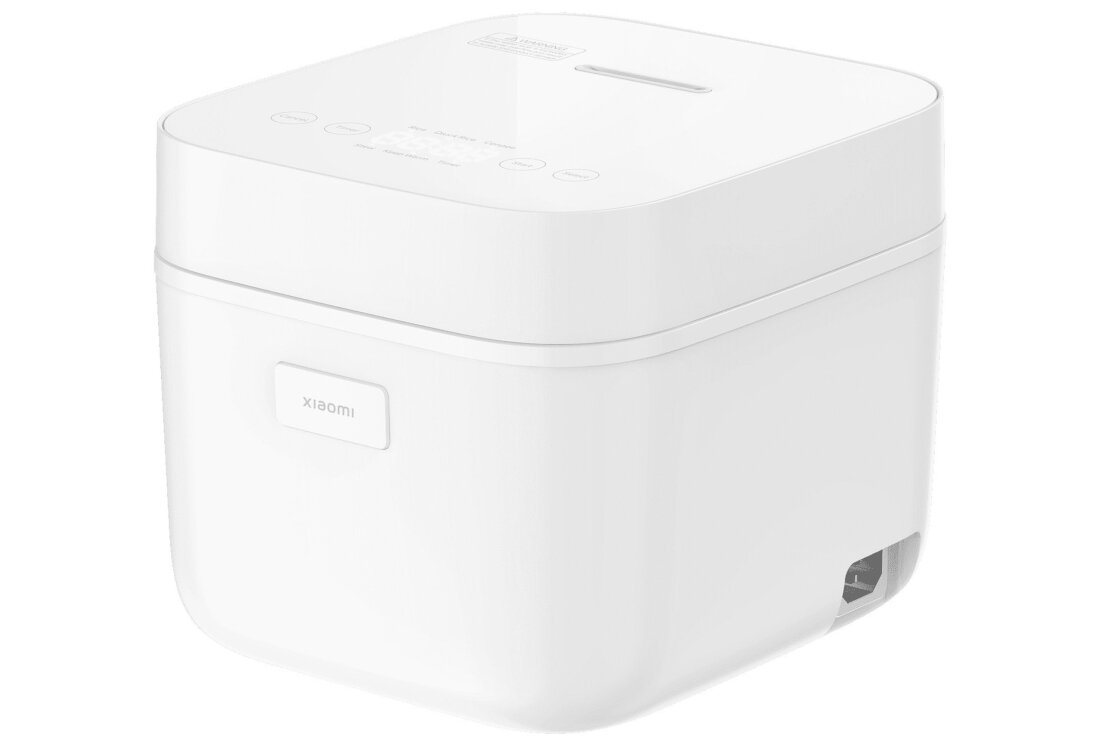 Biały ryżowar o prostokątnym kształcie z zaokrąglonymi krawędziami, z widocznym logo \'xiaomi\' na przedniej części. Na górnej powierzchni znajdują się przyciski dotykowe i niewielki wyświetlacz.