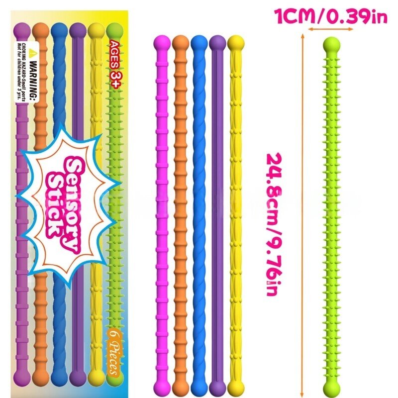Obraz przedstawia sześć kolorowych, teksturowanych wężyków sensorycznych w opakowaniu z napisem \'Sensory Stick\'. Wymiary jednego wężyka to 24.8 cm/9.76 in długości i 1 cm/0.39 in szerokości.