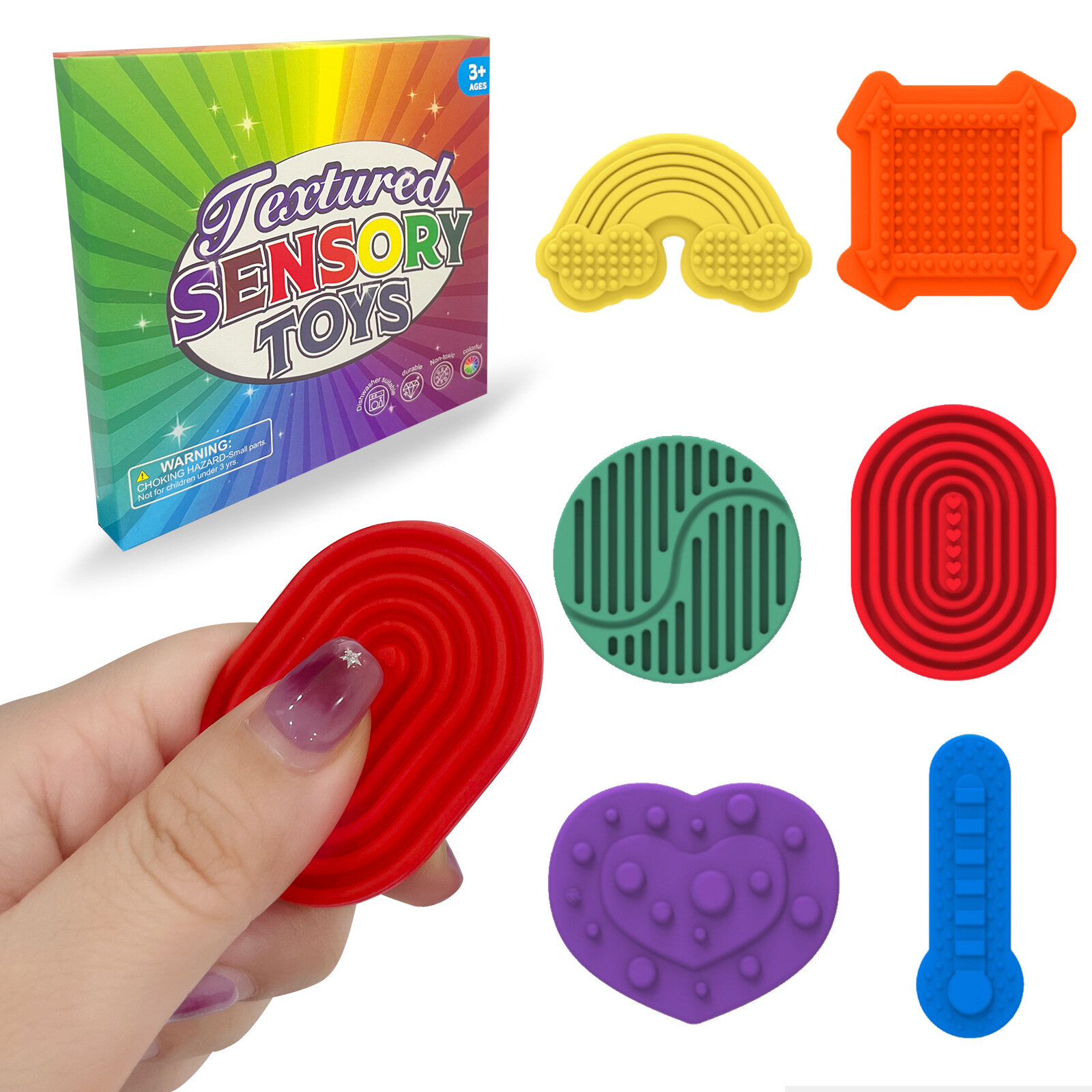 Na obrazie widoczne są różnokolorowe, teksturowane zabawki sensoryczne w różnych kształtach, obok opakowania z napisem \'Textured Sensory Toys\'.