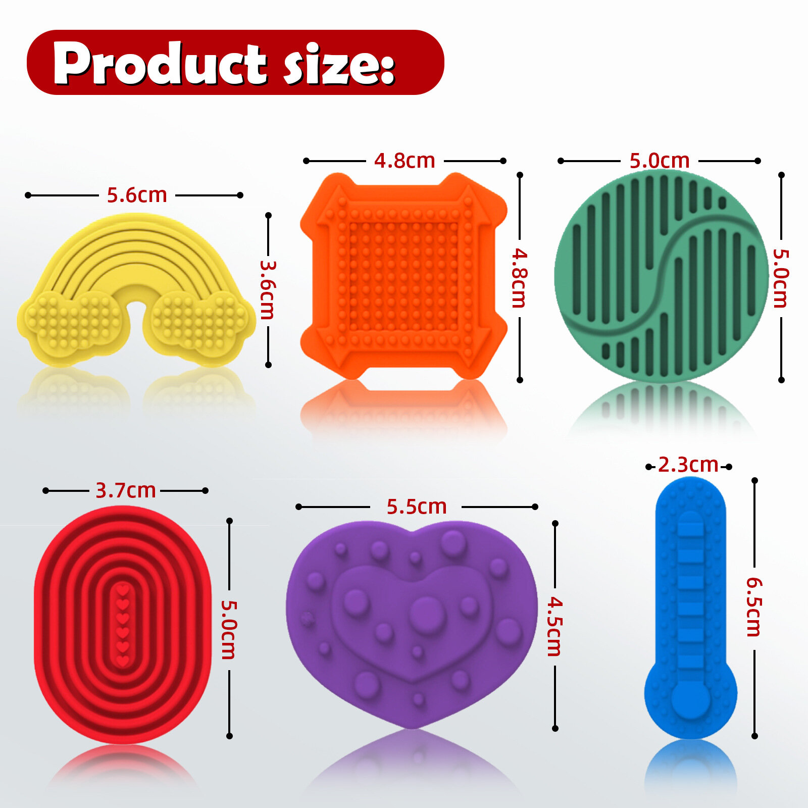Obraz przedstawia sześć kolorowych kamyków sensorycznych o różnych kształtach i fakturach, z wymiarami podanymi w centymetrach. Widoczny tekst: \'Product size:\'.